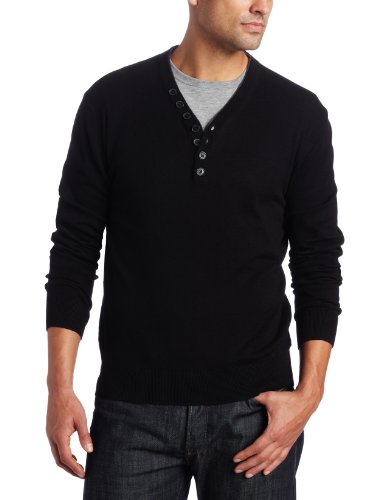 French Connection Men's Long Sleeve V-Neck Contrast Henley Sweater, Black/Charcoal, Small
