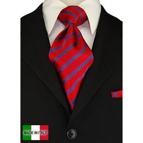 Woven Silk Mens Necktie + Pocket Square Hand Made in Italy By Valenti Ties and Hanky Set Red Blue Stripe