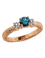 0.75 Ct Round Blue and White Diamond 18K Rose Gold 3-Stone Ring