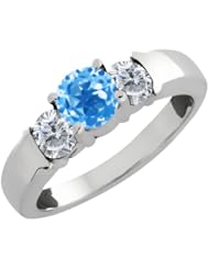 1.10 Ct Round Swiss Blue Topaz and White Diamond 18k White Gold Ring
