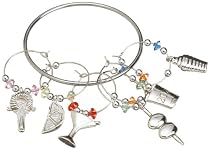 Metalla Solid Pewter Set of 6 Silver Finish Martini Themed Wine Glass Charms with Holding Ring