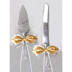 Gold Satin Bow Ivory Cake Knife and Server Set for Wedding, Birthday or Ceremony