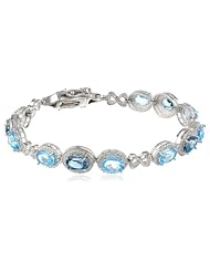 Sterling Silver Oval Shaded Swiss and London Blue Topaz White Diamond Bracelet, 7.25"