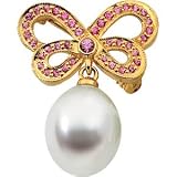 1 8K Yellow Gold South Sea Cultured Pearl & Genuine Pink Sapphire Butterfly Brooch10. 0 0mm/ Drop