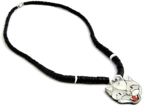 Jewlelry Volt Organic Wooden Beaded Handmade Necklace with Shell Inlay Lion Pendant