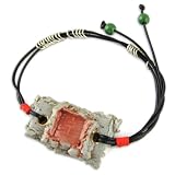 Painted Red Oriental Stamp With Fine Gold Detail - Silver Rings And Green Beads - Rectangular Gray Musk Hand Made Ceramic - Black Adjustable Bracelet