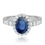 Sapphire Engagement Ring in 18k White Gold Halo Diamond Ring Setting (G, SI1, 1.53 cttw), 7x5mm