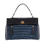 YSL Yves Saint Laurent Large Muse Two in Blue Patchwork Croc-embossed Leather and Beige Canvas.