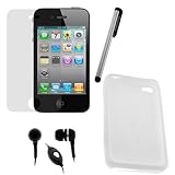 GTMax White Soft Rubber Silicone Skin Cover Case + Clear LCD SCreen Protector + Black 3.5mm Stereo headset w/Mic + Silver Stylus for Apple iPhone 4 4G 16GB / 32GB 4th Generation