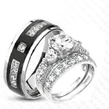 3 Pieces His & Hers Heart, 925 STERLING SILVER Rhodium Plated & TITANIUM Matching Engagement Wedding Bridal Ring Set. AVAILABLE SIZES men's 8,9,10,11,12; women's set: 5,6,7,8,9.