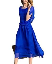 Raglan Sleeves Elasticized   Waistline  Sheer Summer Silk Midi Dress  With Ruffles