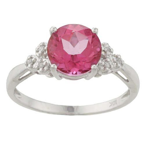 10k White Gold Round Pink Topaz and Diamond Ring (1/10 TDW)