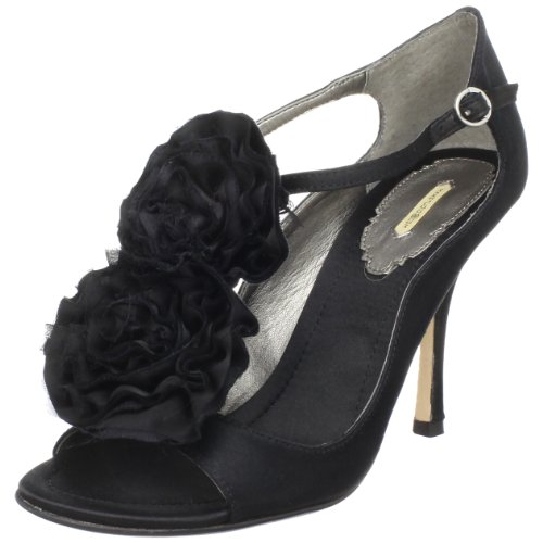 Maxstudio Women's Silvia T-Strap Sandal,Black Satin/ Chiffon Flowers,9 M US