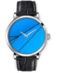 SPRAWL Aanalog Fashion Series Silver Ladies Watches of Genuine Black Leather Strap,Unique Wrist Watch for Women Girls Designed with Black lines blue background