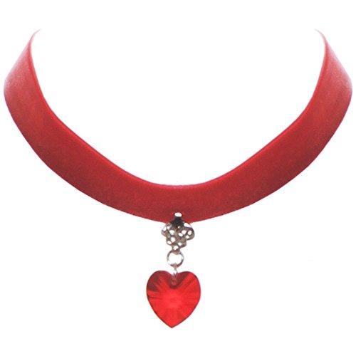 Girlprops 5/8" Velvet Ribbon Choker with Swarovski Heart, 13" + 2" Extension, USA!, in Red with Silver Tone Finish