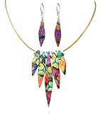 Sterling Silver Dichroic Glass Honeycomb Pattern Almond-Shaped Necklace and Earrings Set, 18"