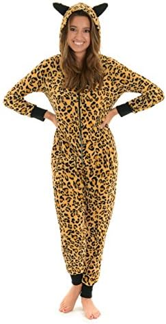 Womens 1 Piece Pajamas Leopard Print Hooded Onesie Ears Zip Up Fleece Pj Sizes: Medium