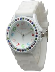 Womens Geneva WHITE Silicone Watch with Multi Color Stones Rubber Jelly with CZ Crystal Rhinestones Face Bling Bezel