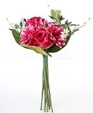 Sweet Bouquet of Artificial Silk Fuchsia Roses and Gerbera Daisy Flowers - 16 Inches High