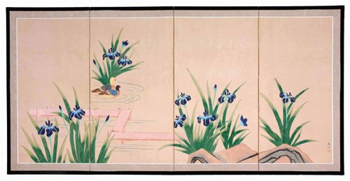Asian Art & Décor – 36″ x 72″ Blue Pond Life Hand painted Chinese Silk Wall Screen