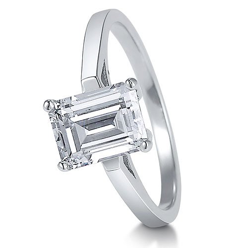 Sterling Silver Ring Emerald Cut Cubic Zirconia CZ Solitaire Ring 2 ct - Nickel Free Valentine Engagement Ring