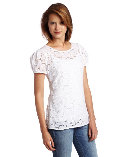Calvin Klein Womens Eyelet Blouse With Exposed Zipper Back, White, Medium