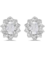 10k White Gold Oval White Topaz And Diamond Earrings