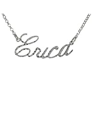 Sterling Silver ERICA Name Necklace Diamond Cut Finish Italy, 16 inch + 2 inch extention
