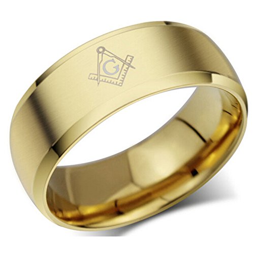 SumBonum Jewelry Mens Womens Stainless Steel Ring, Freemason Masonic Engraved Symbol Band, 8mm, Golden Silver
