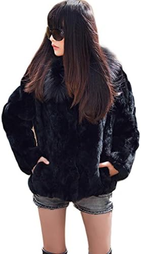 Dantiya Short Women's Warm Real Rex Rabbit Fur Thick Jackets Coat (Small, Black)