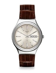 Swatch YGS769 Early Time Beige Grey Day Date Dial Brown Leather Unisex Watch NEW