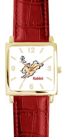 Rabbit - Chinese Symbol - WATCHBUDDY® DELUXE GOLD TONE SQUARE CASE WATCH - Red Strap - Large Size (Men