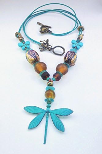 Woolly Mammoth Boho Decoupage &amp; Polymer Clay Beads Turquoise Patina Dragonfly On Leather Toggle 30" Pendant