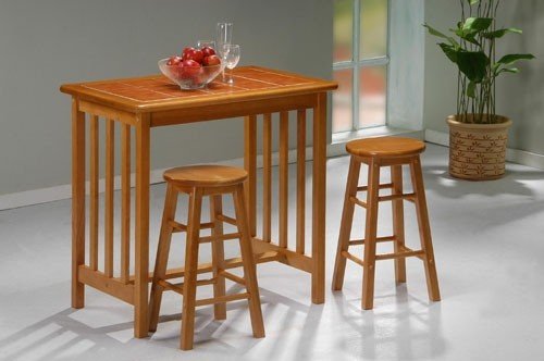 3pc Breakfast Table and Chairs Set with Tile Top in Fruitwood Finish