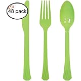 Tiger Chef Plastic Cutlery Set Heavy Duty Colored Plastic Silverware - Includes 16 Forks, 16 Teaspoons, and 16 Knives (Lime Green, 48)