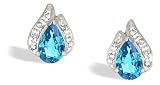 14K White Gold Genuine Pear Blue Topaz and Diamond Flame Earrings