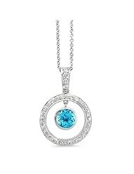 Twin Circle Pave Diamond Pendant In 18K White Gold With A 0.60 ct. Genuine Blue Topaz Center Stone.