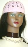 Graduated Simulated Ivory Pearl Separated By Small Gold Beads Short Chain Necklace and Earrings for Women and Teens Offered in Combination with Hand Crocheted Pink Cotton Skull Cap