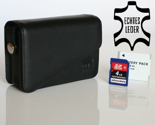 Bundlestar * Sparpaket aus Kameratasche Echtleder Schwarz + Qualitäts Akku für Canon NB-6L + ExtreMemory SDHC Card 4GB Klasse 6! - Für Canon IXUS 95 105 210 200 IS ...