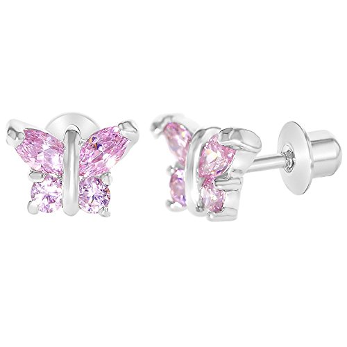 Rhodium Plated Pink Crystal Tiny Butterfly Screw Back Children Earrings
