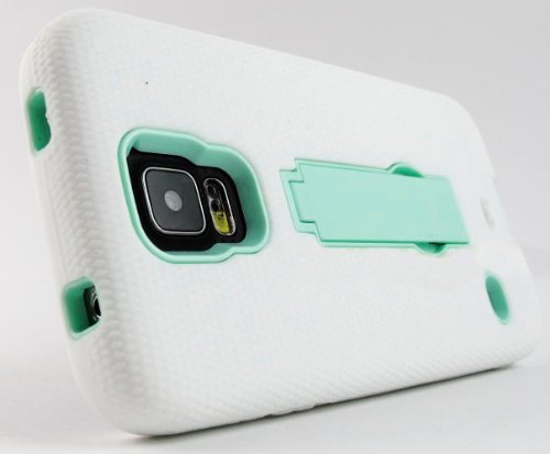 myLife Bright White and Light Turquoise Blue - Shock Suit Survivor Series (Built in Kickstand + Easy Grip Silicone) 3 Piece + 2 Layer Case for NEW Galaxy S5 (5g) Smartphone By Samsung (External Flex Silicone Bumper Gel + Internal 2 Piece Rubberized Snap Fitted Armor Protector + Shock Absorbing Material)