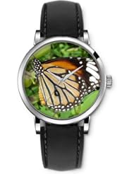 SPRAWL Aanalog Fashion Series Silver Ladies Watches of Genuine Black Leather Strap,Unique Wrist Watch for Women Girls Designed with Butterfly on green leaves