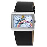 Armitron Unisex 900291 Character Silver-Tone Snoopy and Woodstock Black Leather Strap Watch