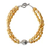 EXP Handmade Golden Yellow Pearl Bracelet With Antiqued Silver Beads