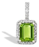 14K White Gold Genuine Emerald-cut Peridot and Diamond Pendant