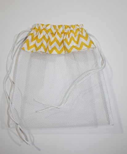 Sea Shell Bag, Yellow Chevrons Fabric & Mesh Drawstring Beach Bag Handmade by FrogBlossoms