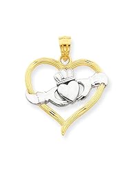 14K Yellow & Rhodium Claddagh Heart Charm Pendant