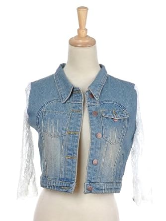 Anna-Kaci S/M Fit Blue White Lace Long Sleeve Short Cropped Denim Jacket