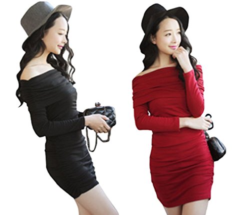 【ARINCO】 オフショルダー シンプル タイト エレガント ワンピース ドレス 長袖 レディース フリーサイズ ブラック レッド 全２色 春