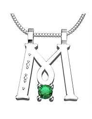 Sterling Silver Letter M - May Emerald Birthstone 18 Inch Necklace